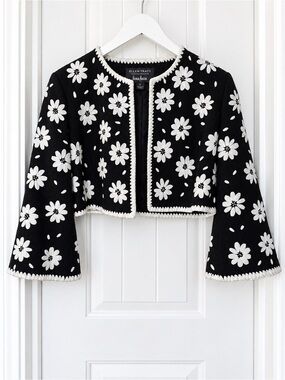 Ellen Tracy Neiman Marcus Black White Floral Cropped Jacket Flared Sleeve Sz 12